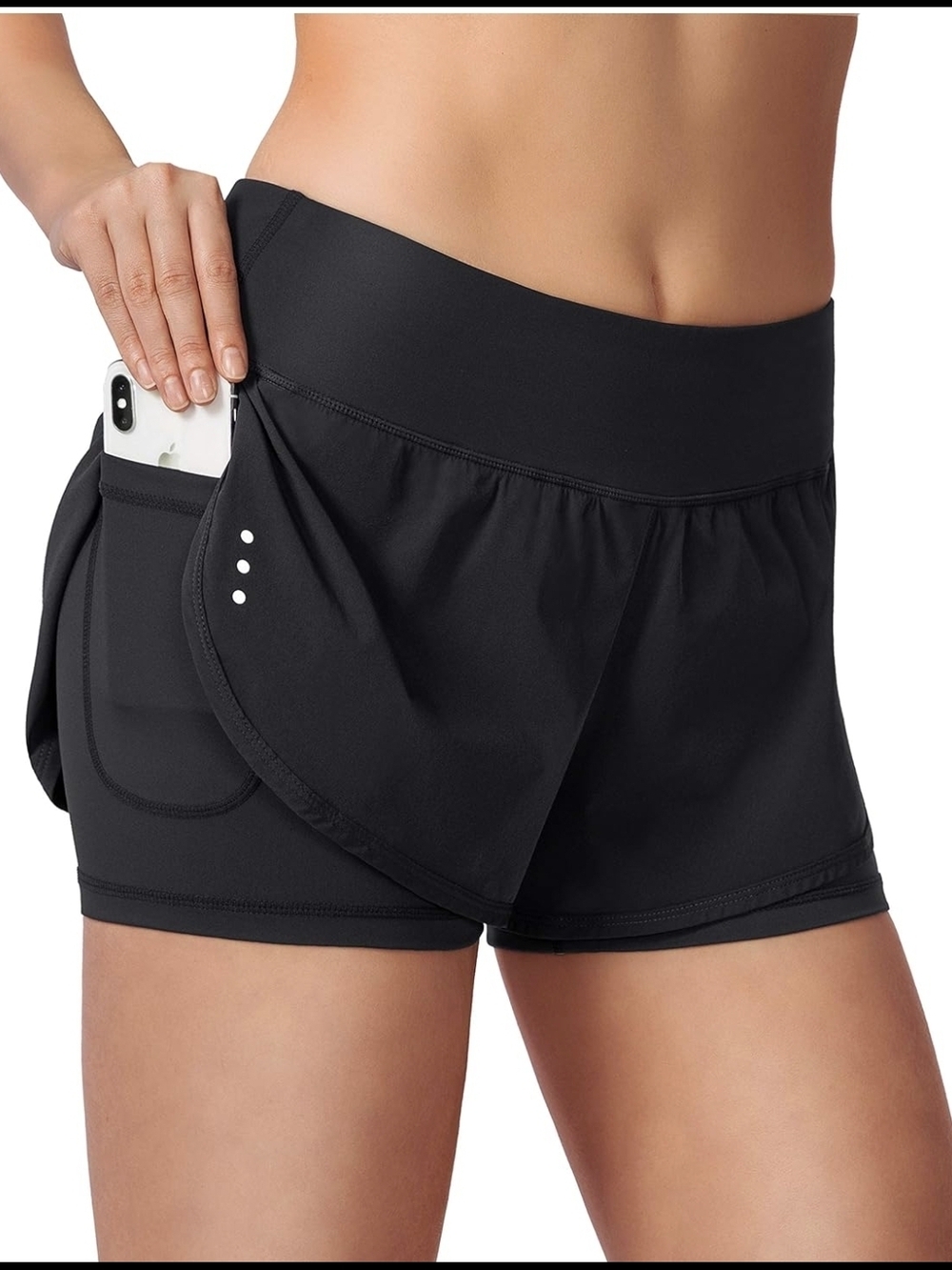 Soothfeel Women’s High-Waist Black Athletic Shorts with Side Phone Pocket Size M